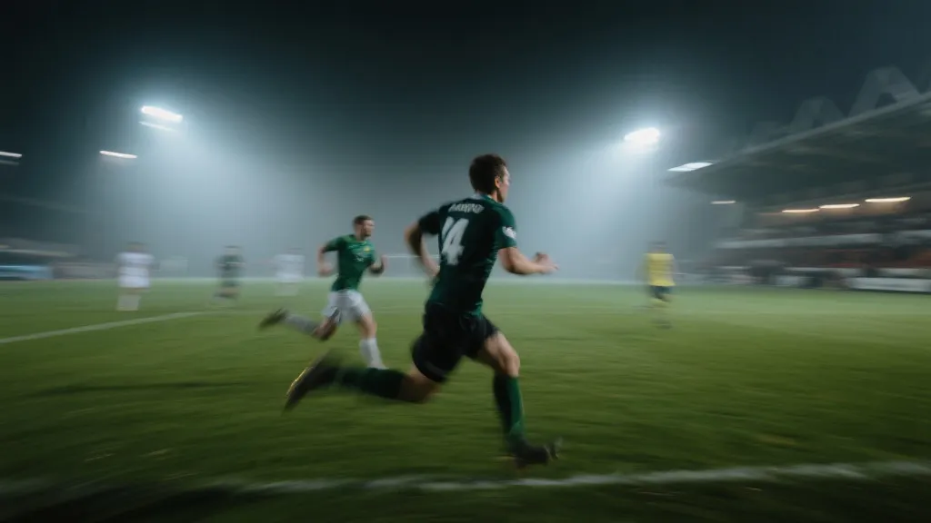 潮湿夜场足球比赛，球员在灯光下奔跑，空气有雾感